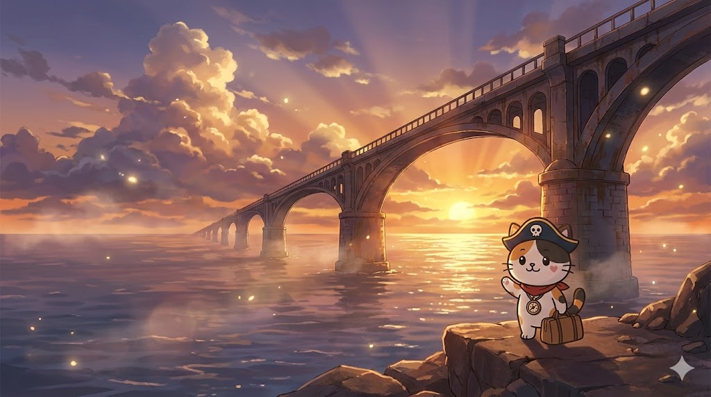 夕景の海上橋へ向かって歩き出し、手を振って旅立つココロ船長