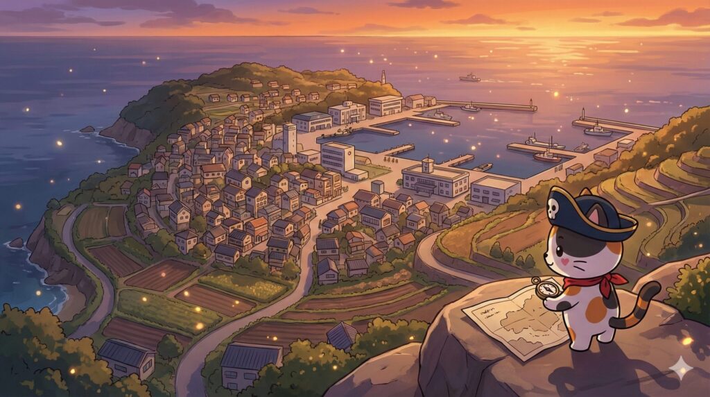 島の町並みと海を見渡しながら、岩の上の地図を確認する小さなココロ船長の見出し画像。
