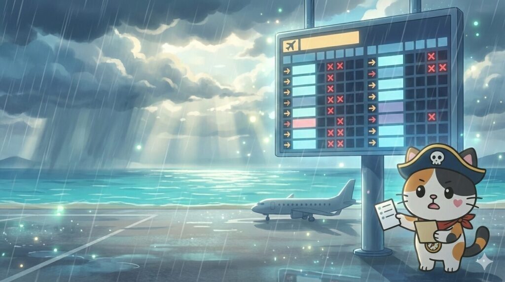 荒れ模様の空港で運航情報を確認しながら備えを促しているココロ船長
