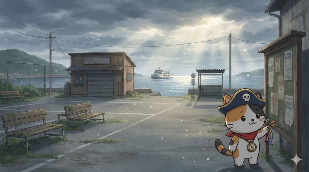 人影の少ない島の集落と港を背景に、掲示板に小さく手を添えるココロ船長の見出し画像。
