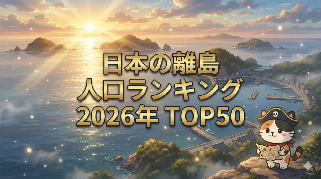 夕焼けの壮大な離島の海を背景に、地図を手にした小さなココロ船長が佇み、中央に「日本の離島／人口ランキング／2026年 TOP50」の文字が入ったサムネイル画像。