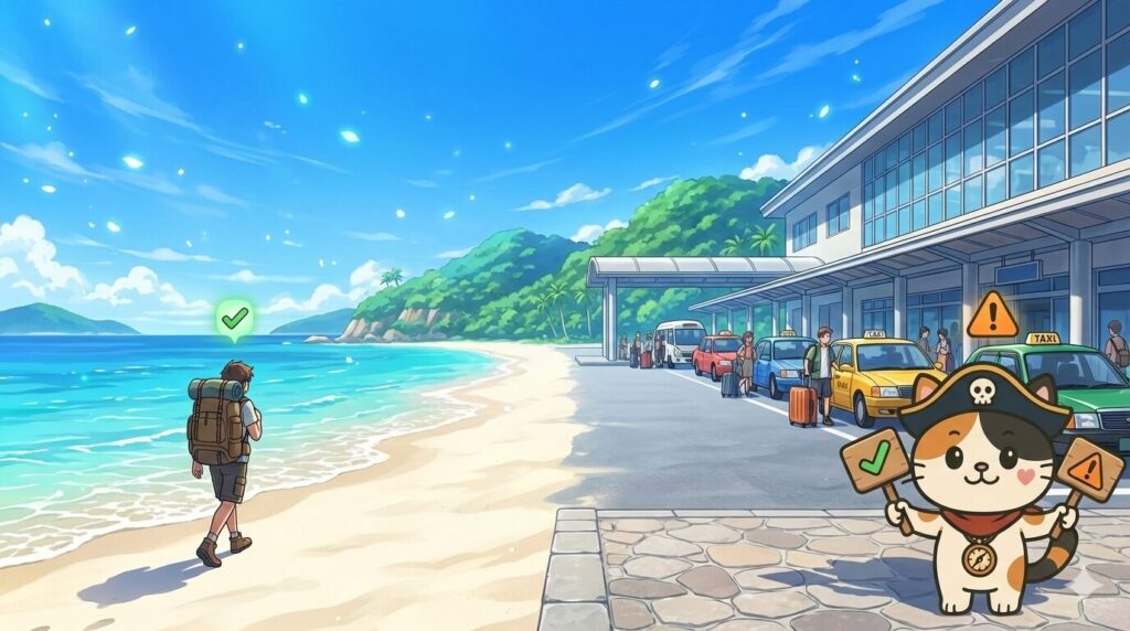 島の空港と海を背景にチェックと注意の合図で向き不向きを示しているココロ船長
