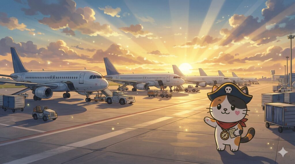 同じ機体が並ぶ空港エプロンの遠景で、効率化を示すように案内しているココロ船長
