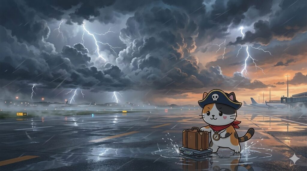 荒天の空港を背景に、荷物の重さを確認して備えているココロ船長
