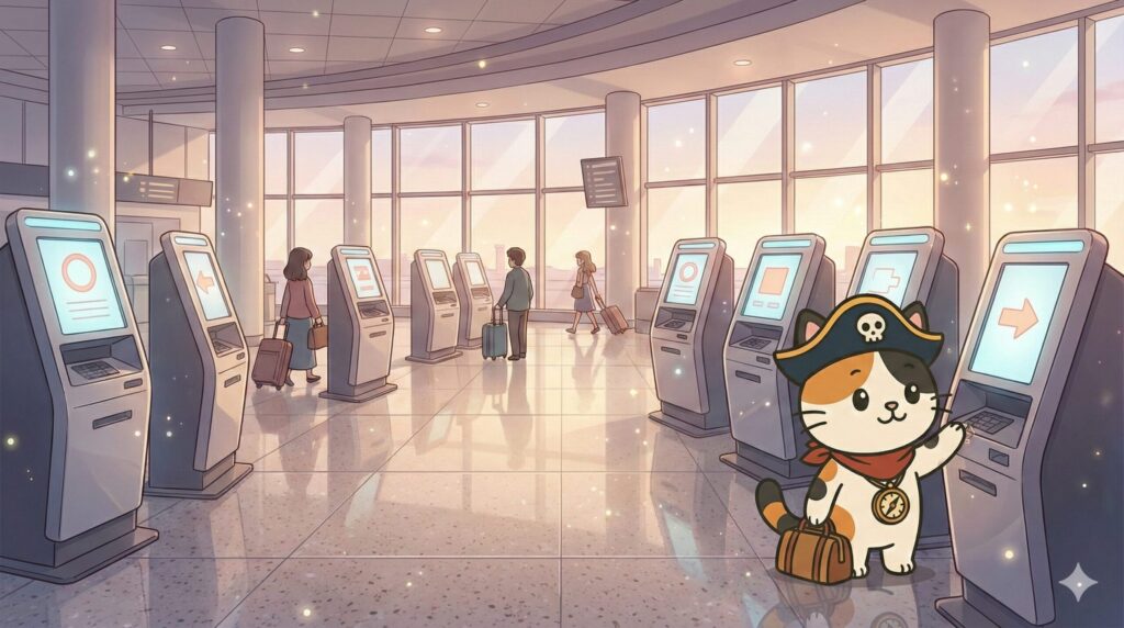 自動チェックイン機の前で、追加オプションを確認しているココロ船長
