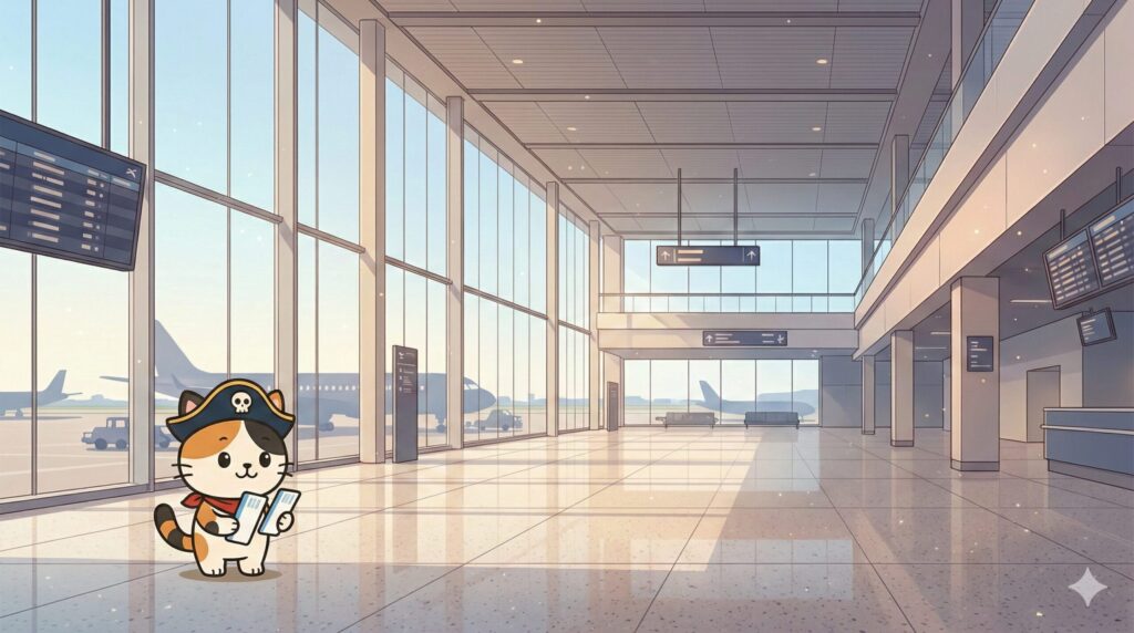 空港ターミナルの広いロビーで、チケットを見比べて違いを考えているココロ船長
