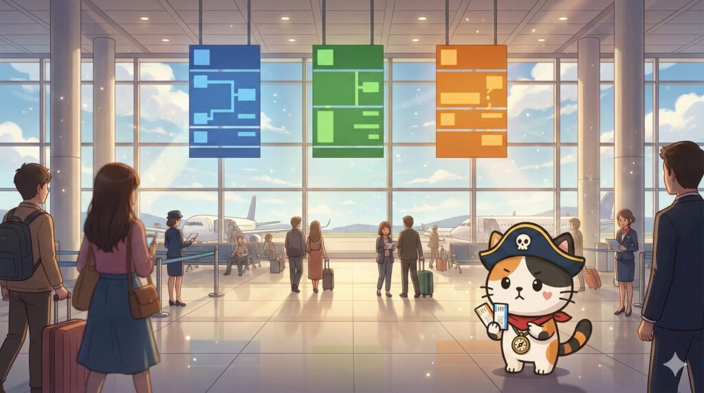 出発ロビーの遠景で、複数の選択肢を見比べて考えているココロ船長
