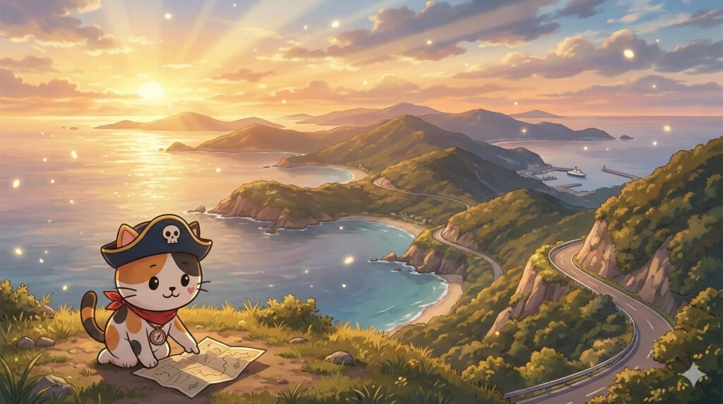 広い離島の海と海岸線を見渡しながら地図で旅の計画を立てているココロ船長