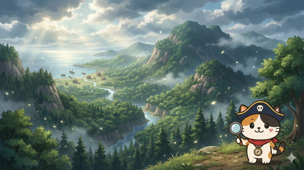 広い自然と小さな集落が対比する離島の景色を眺めて人口密度を考えているココロ船長