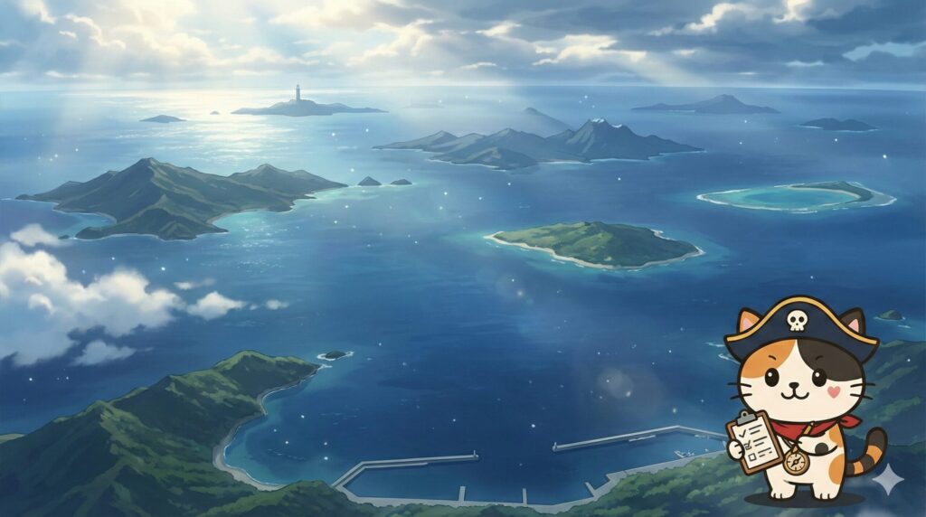 島々が広く連なる海を背景に、一覧を確認しているココロ船長