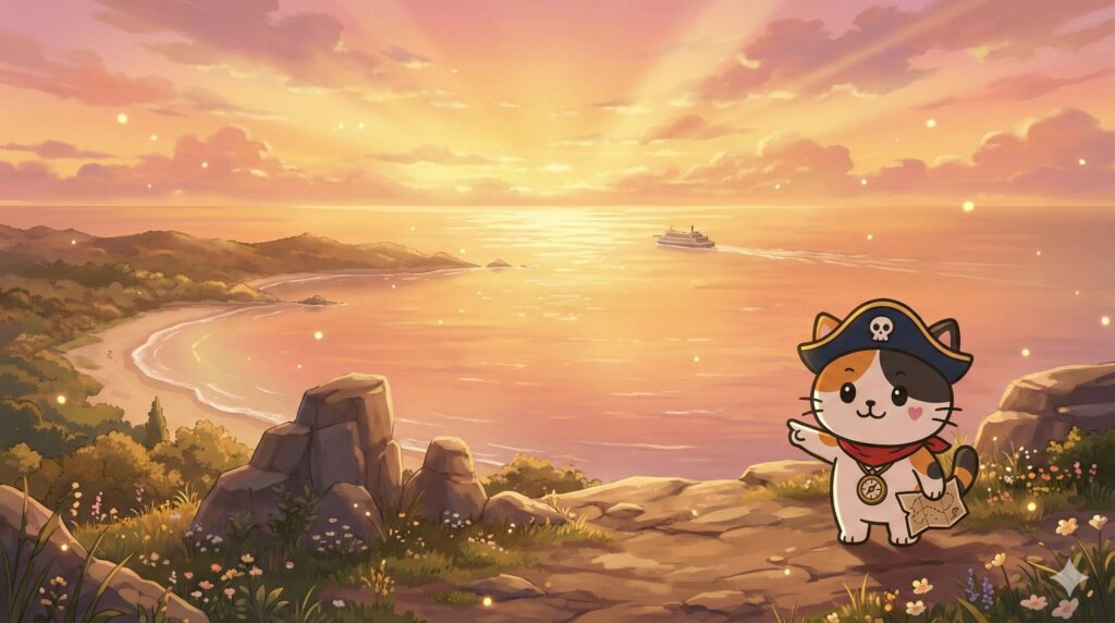 夕暮れの離島の海を前に次の旅先を指さしているココロ船長