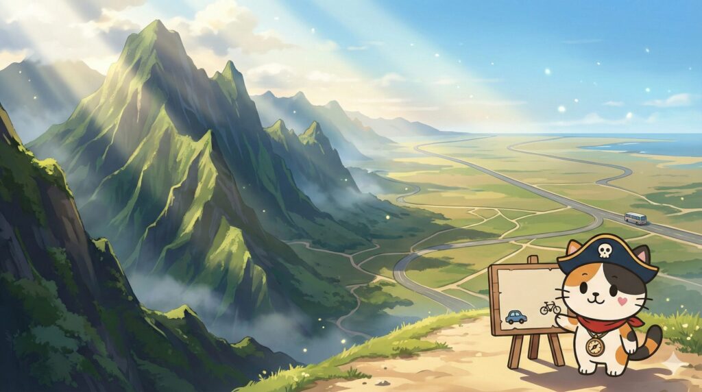 山の島と平地の島が見渡せる風景の中で移動手段を考えているココロ船長