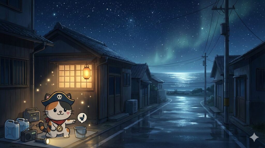 停電した離島の夜、非常用ライトと水の備えを確認しているココロ船長
