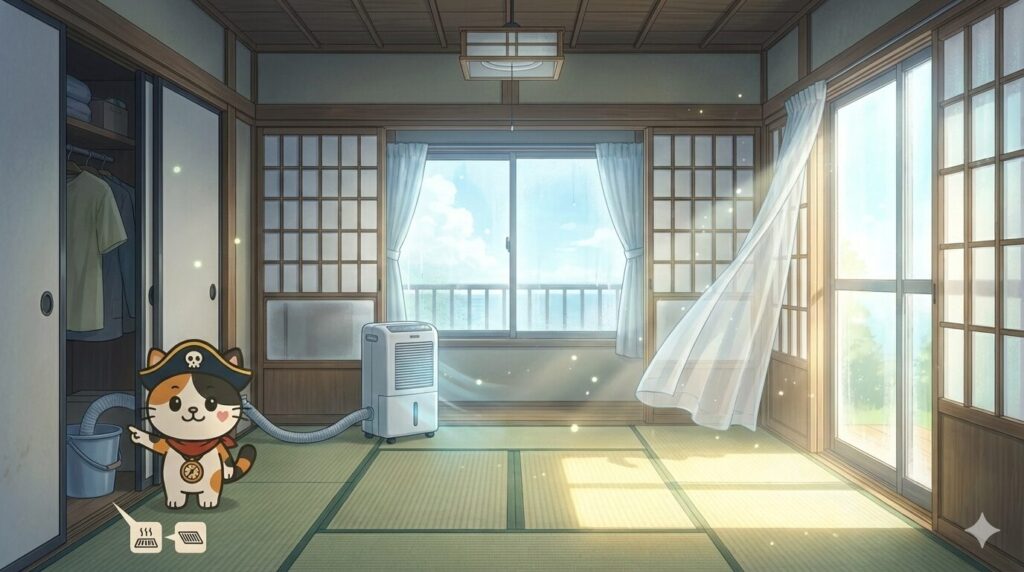 離島の古民家の室内で、換気と除湿の準備をして湿気対策をしているココロ船長
