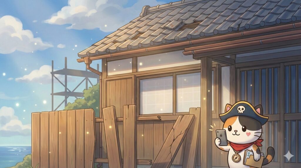 台風後の離島の家の前で、被害写真を撮りながら保険と修繕の書類を確認しているココロ船長
