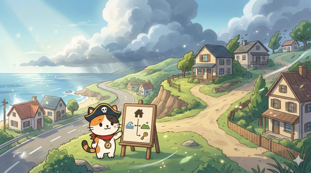 海沿いと高台の集落が見える離島の風景で、条件分岐のアイコンボードを指し示して優先順位を考えているココロ船長
