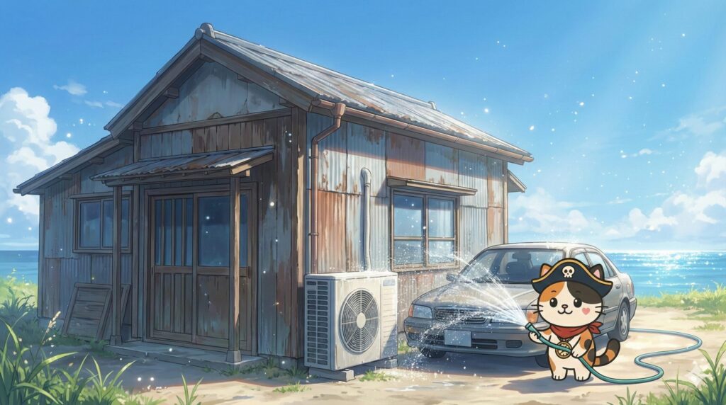 海の近い離島の家の外で、車とエアコン室外機を真水で洗って塩害対策をしているココロ船長
