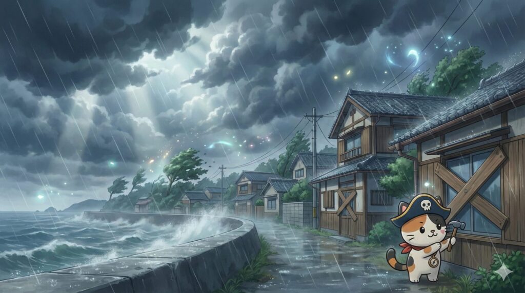 台風が迫る離島の集落で、窓の雨戸を固定して備えているココロ船長
