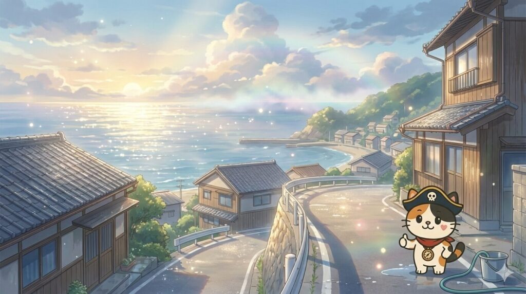 朝焼けの離島の集落を背景に、家を守る備えを終えて落ち着いた表情で佇むココロ船長
