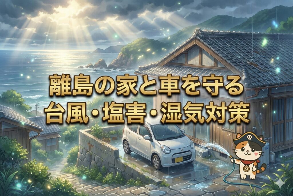 台風後の離島の家と車のそばで、真水で外壁を洗い流して塩害対策をしているココロ船長