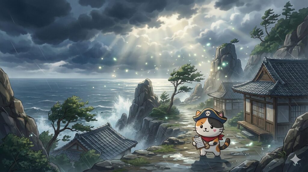 潮風が吹く離島の海岸の集落を背景に、嵐に備えるチェックリストを抱えて立つココロ船長
