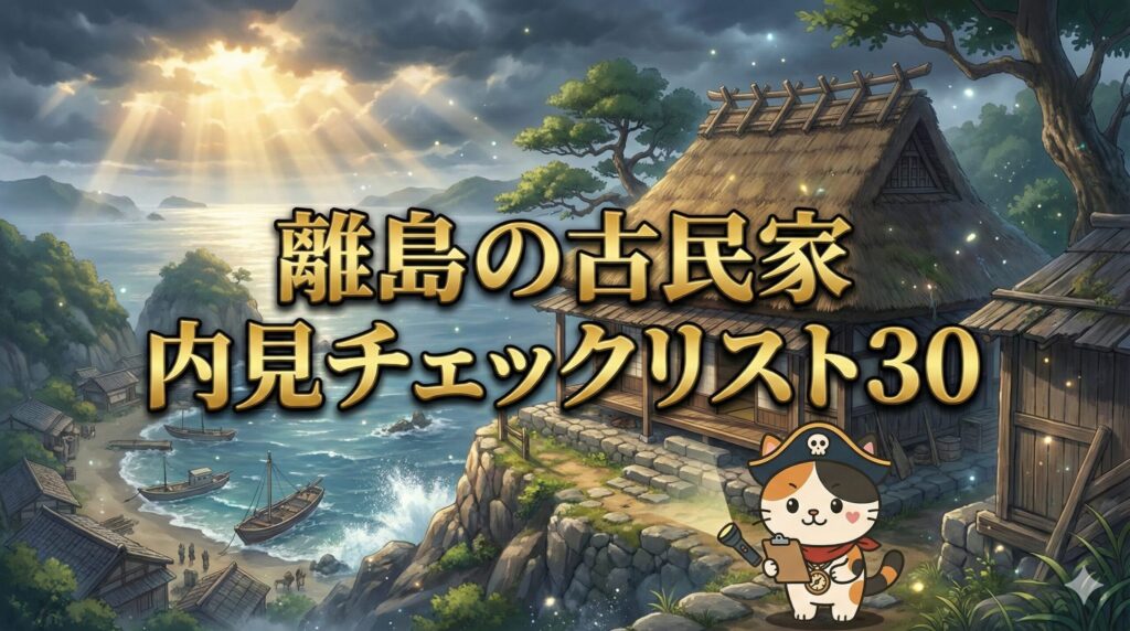 海辺の離島の古民家を前に、チェックリストを手に慎重に外回りを確認しているココロ船長のサムネイル画像