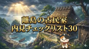 海辺の離島の古民家を前に、チェックリストを手に慎重に外回りを確認しているココロ船長のサムネイル画像