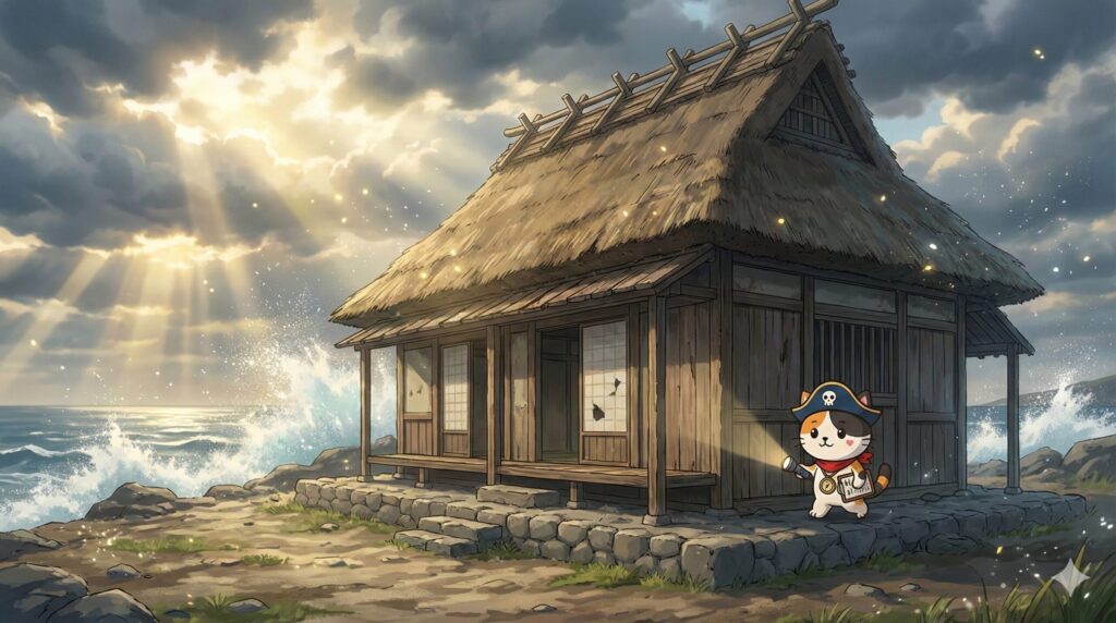 潮風の中で古民家の外周を一周しながら外回りを点検しているココロ船長
