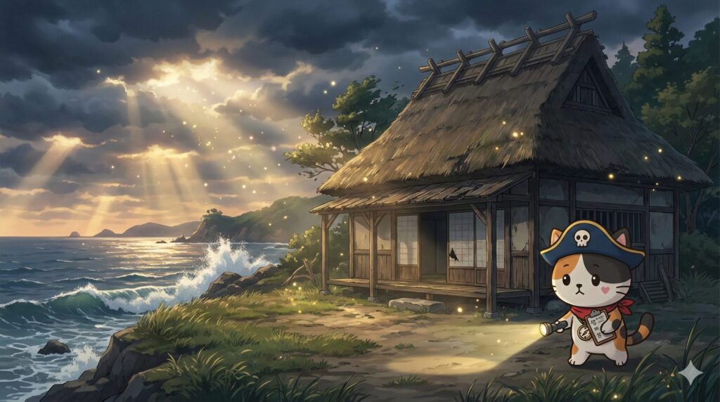 海辺の古民家の外回りを、チェックリスト片手に慎重に確認しているココロ船長
