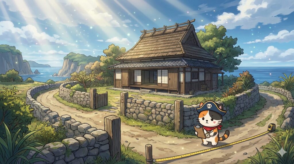 古民家の敷地と道路の状況を見比べ、権利面のリスクを意識して確認しているココロ船長
