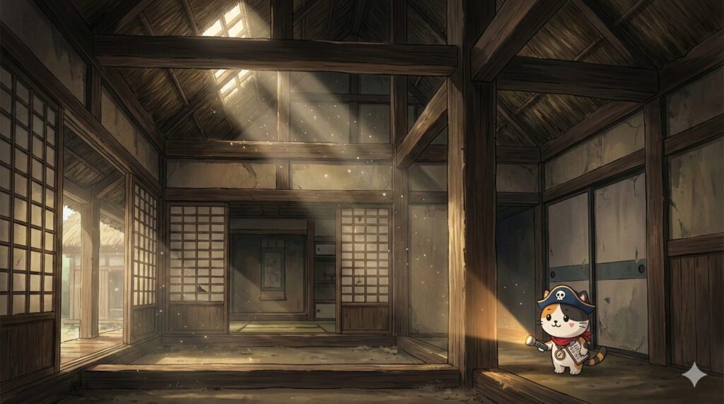 古民家の梁や柱を見上げながら構造の状態を確認しているココロ船長
