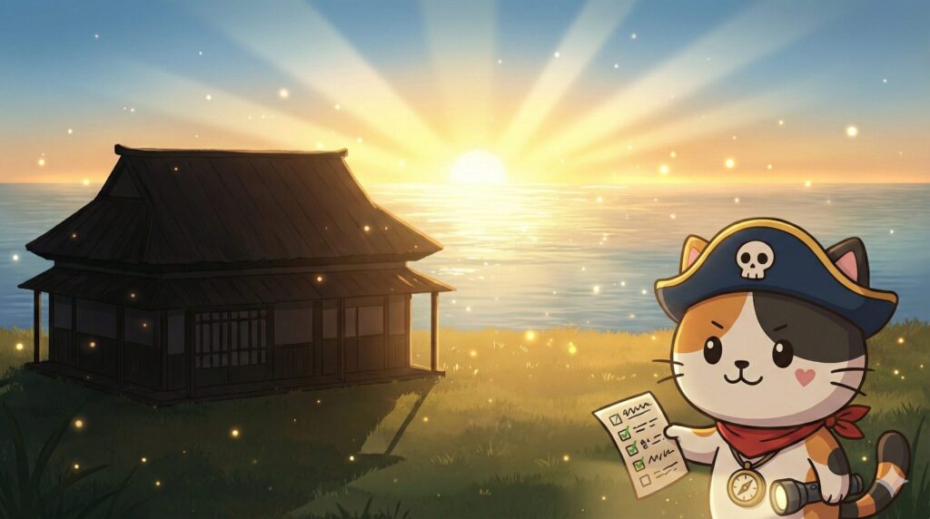 朝の光の中でチェックを終え、納得してうなずいているココロ船長
