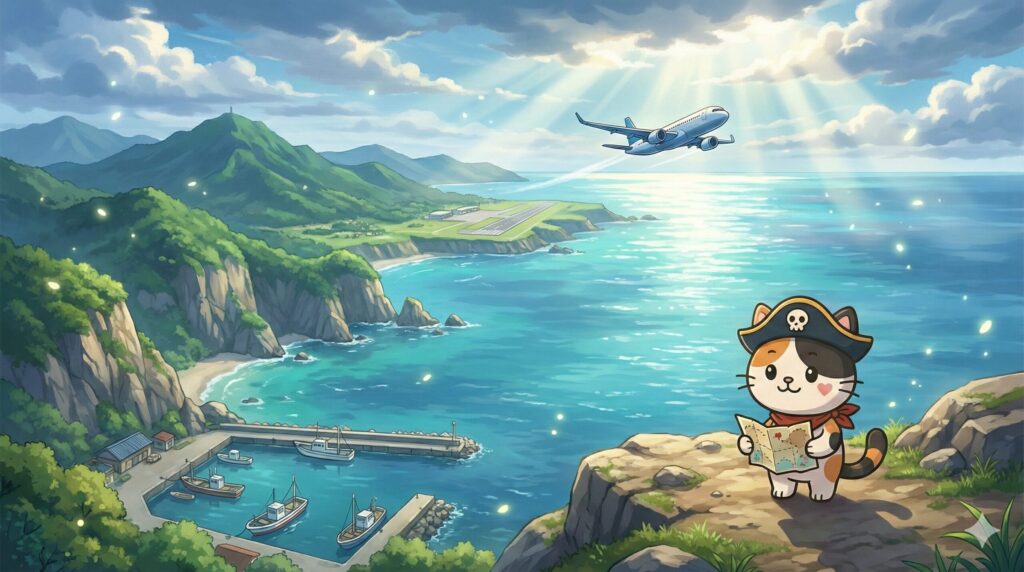 青い海と島の空港を遠景に、旅の準備をしながら空を見上げるココロ船長
