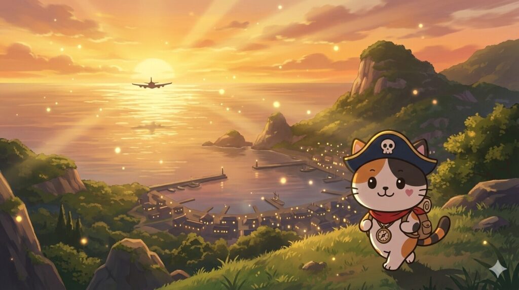 夕焼けの島を背景に、軽やかに旅へ向かって歩き出すココロ船長
