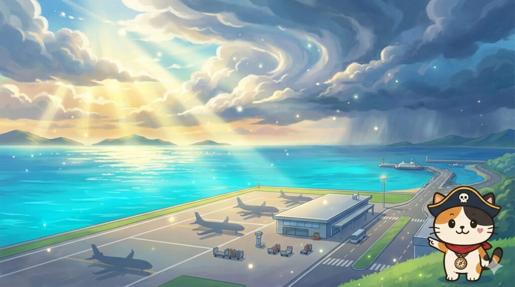 海沿いの空港と港へ続く道を背景に、旅の注意点を案内しているココロ船長
