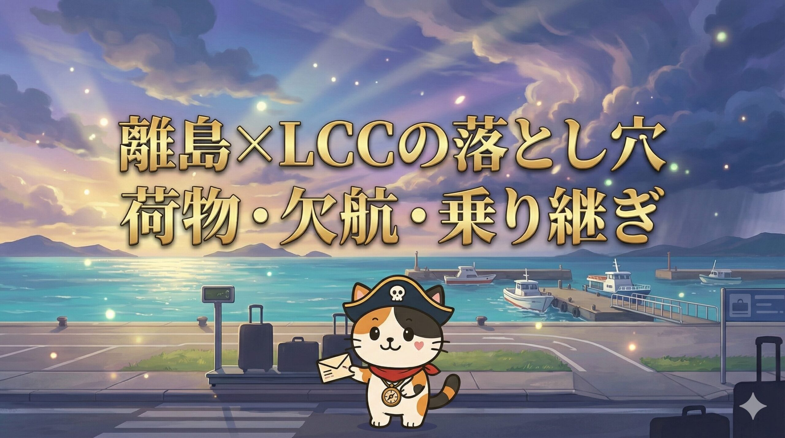 荷物計量のある海辺の空港と港を背景に、旅程票を手に注意点を示しているココロ船長