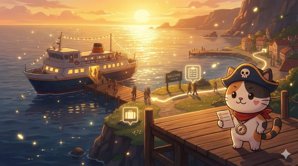 夕焼けの港を背景に準備万端の旅を締めくくるココロ船長
