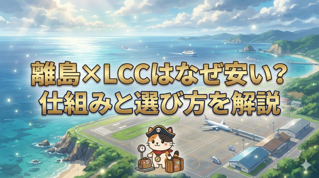 離島の空港と青い海を背景に、荷物を確認しているココロ船長と中央に「離島×LCCはなぜ安い？／仕組みと選び方を解説」の文字が入ったサムネイル