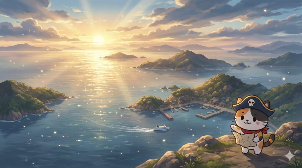 広い離島群と海を見渡す風景の中で、地図を持って指し示す小さなココロ船長が佇む見出し画像。
