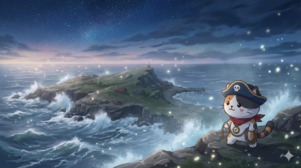 広い海に浮かぶ小さな有人島の風景の中で、風に耐えながら佇む小さなココロ船長の見出し画像。
