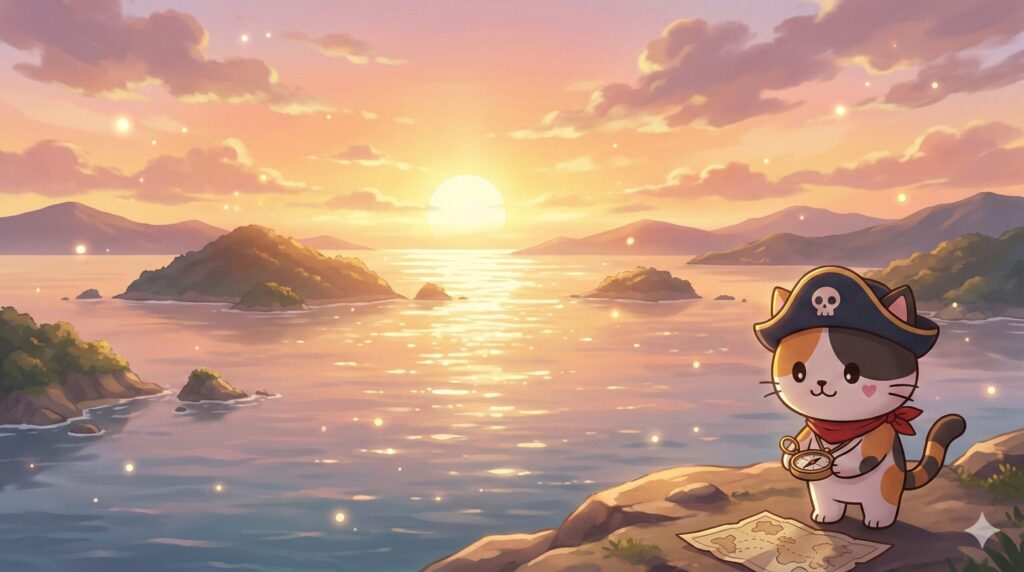 朝焼けに染まる離島の海を背景に、地図と羅針盤を下向きに合わせて佇む小さなココロ船長の見出し画像。
