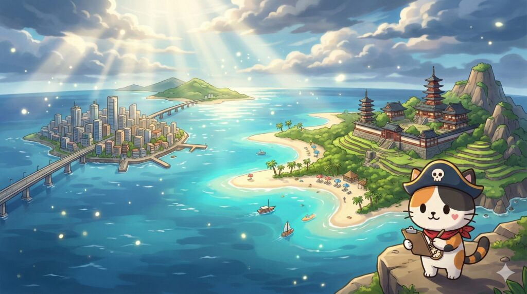 都市型・リゾート型・文化型の島が遠景に広がるパノラマの中で、メモを取りながら見渡す小さなココロ船長の見出し画像。
