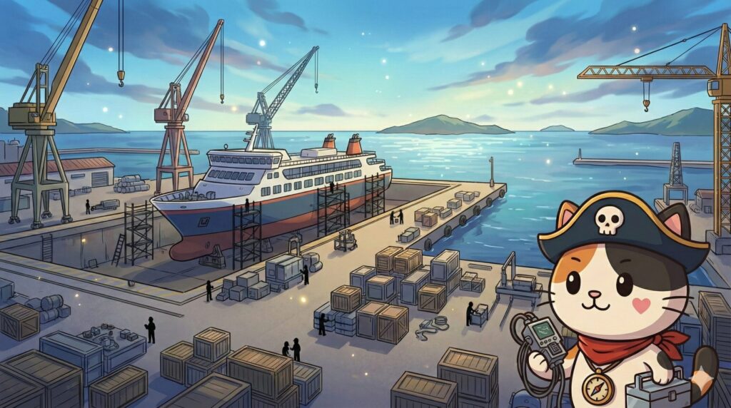整備中の港湾設備を背景に、工具を手に現場の様子を確認しているココロ船長