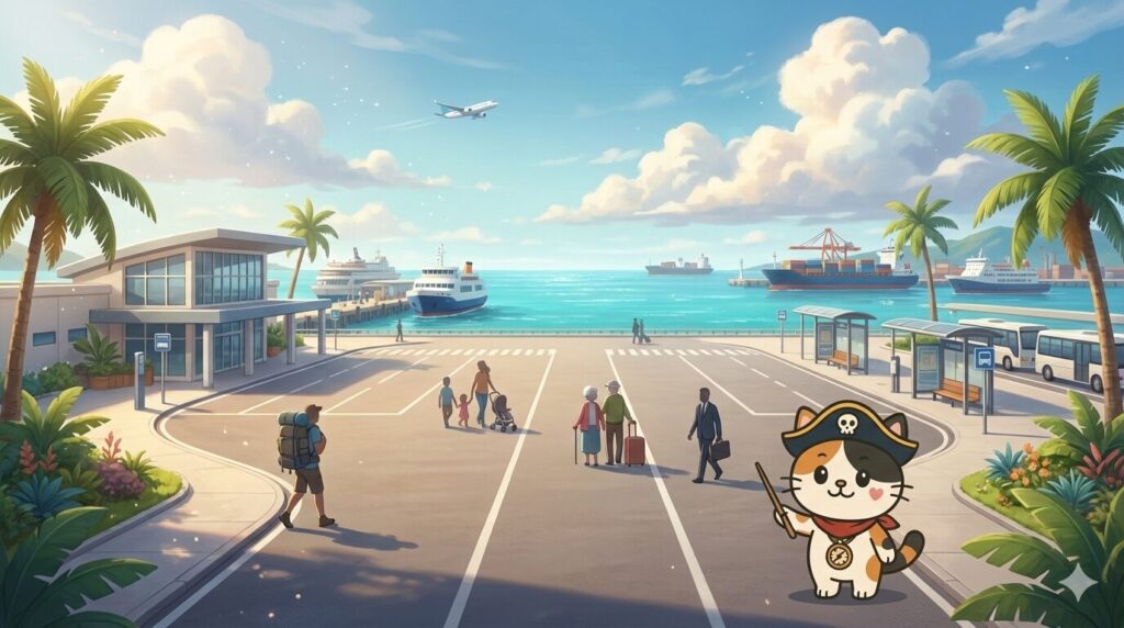 港と空港へ分かれる広いターミナル風景の片隅で、行き先を案内しているココロ船長