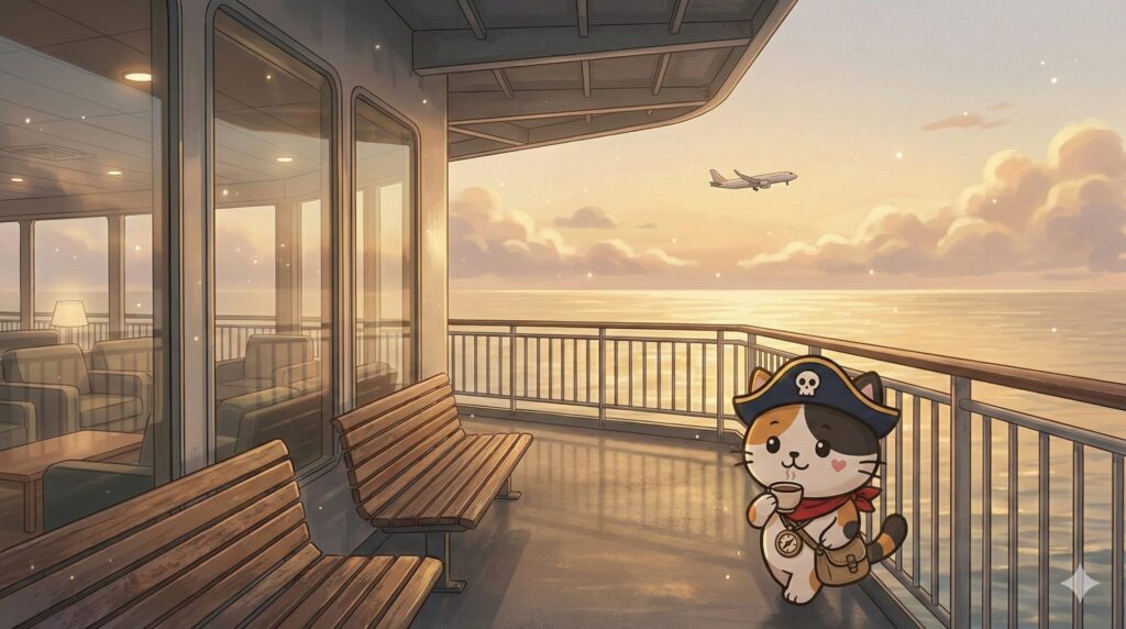 穏やかな海と船のデッキを背景に、手すりにもたれてリラックスしているココロ船長