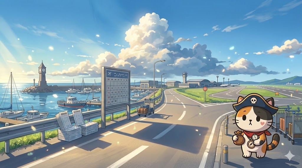 港と空港への分岐が見える広い景色の片隅で、巾着と時計を持って費用と時間を見比べているココロ船長