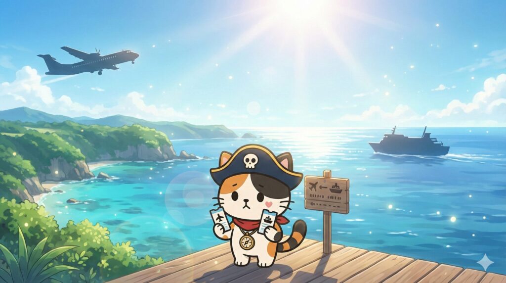 飛行機とフェリーの航路をイメージしながら移動手段を比べるココロ船長
