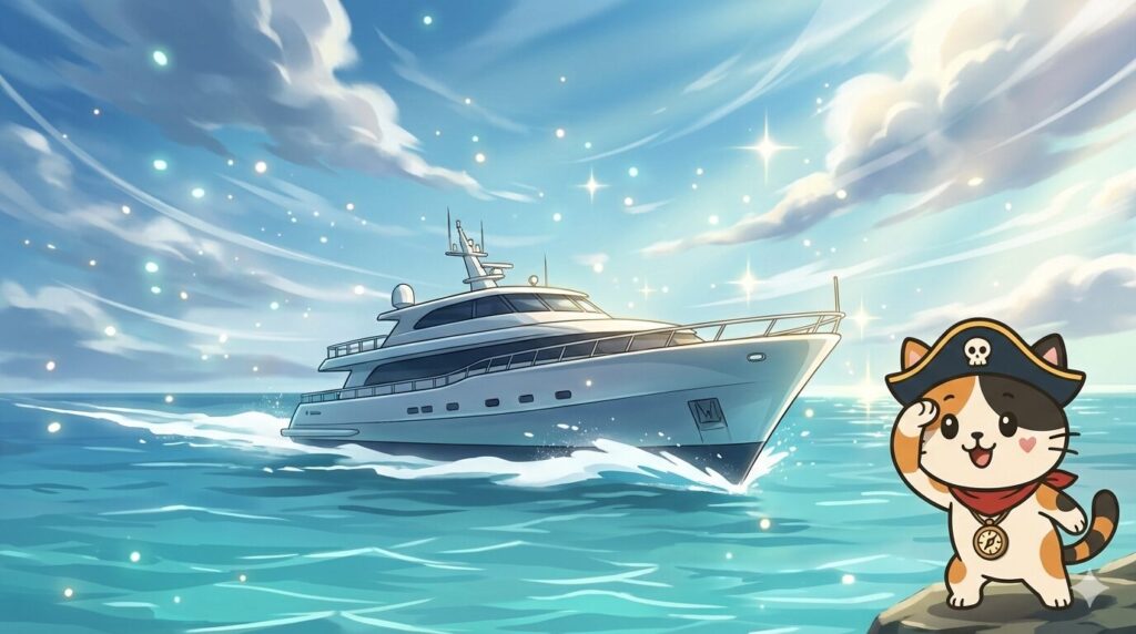 海面を滑るように進む高速船を見上げ、期待した表情で佇むココロ船長の見出し画像
