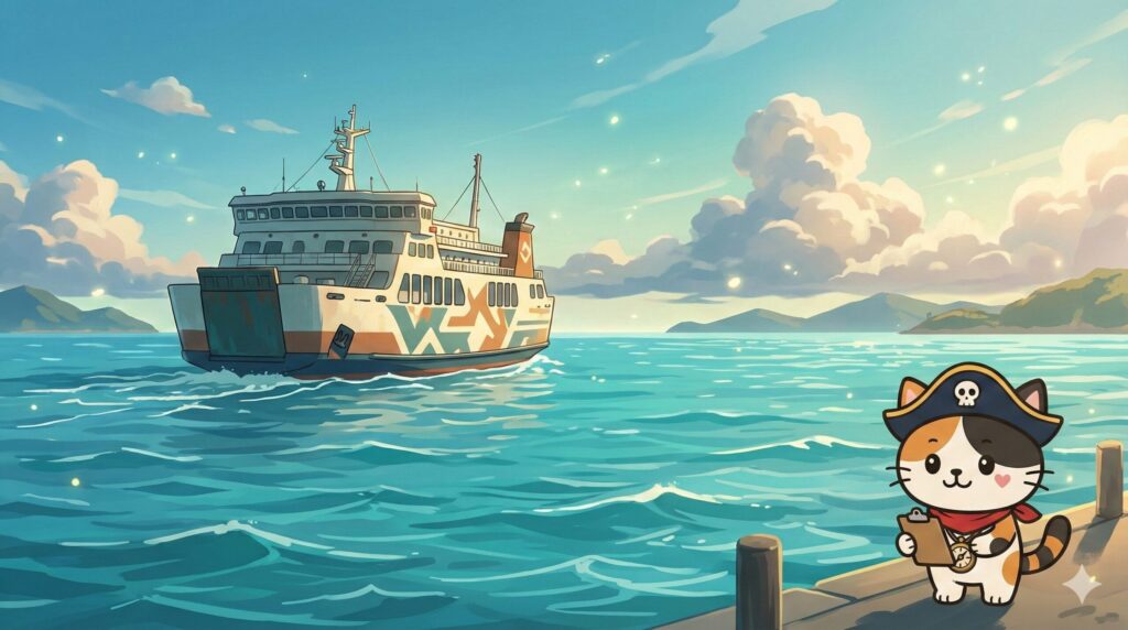 泊港（とまりん）を出港するフェリーを背景に、乗船手続きのメモを手元で確認しているココロ船長。
