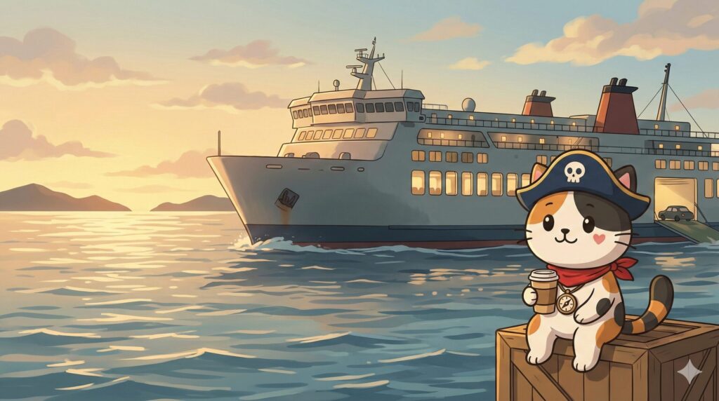 夕方の海を進むフェリーの旅情ある風景の中で、のんびり過ごすココロ船長の見出し画像
